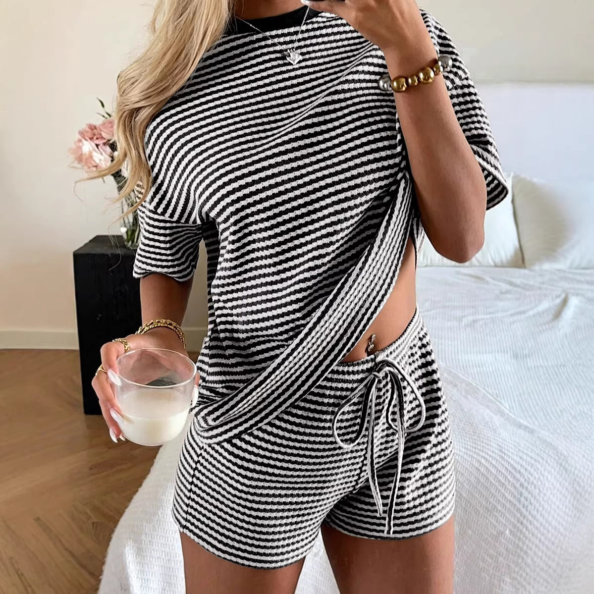 Pink Striped Waffle Knit Lounge Set Shorts Set Women