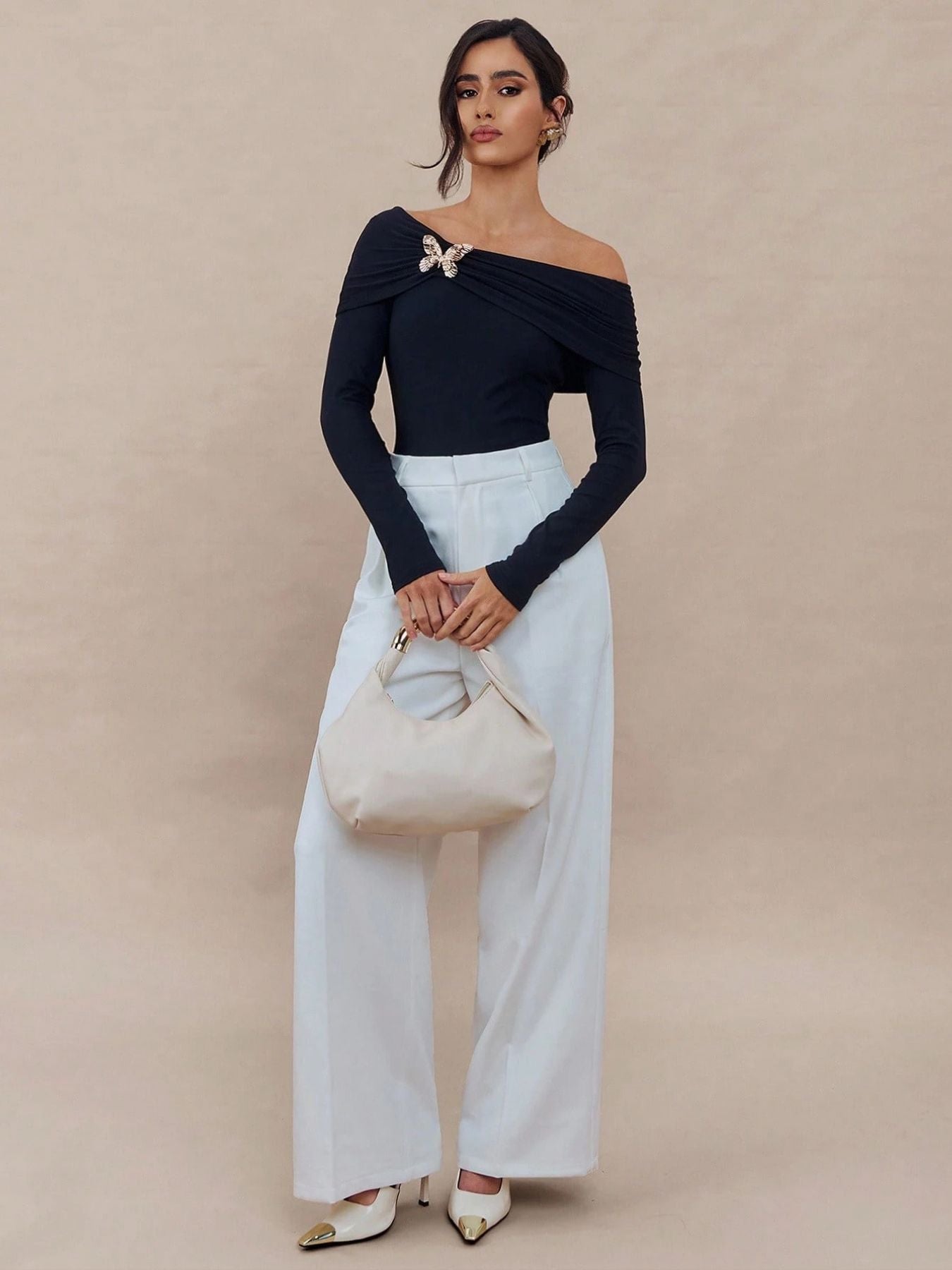 Off Shoulder Ruched Long Sleeve Top with Butterfly Brooch