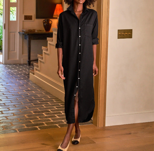 Women's Denim Button Down Shirt Dress Long Sleeve Maxi