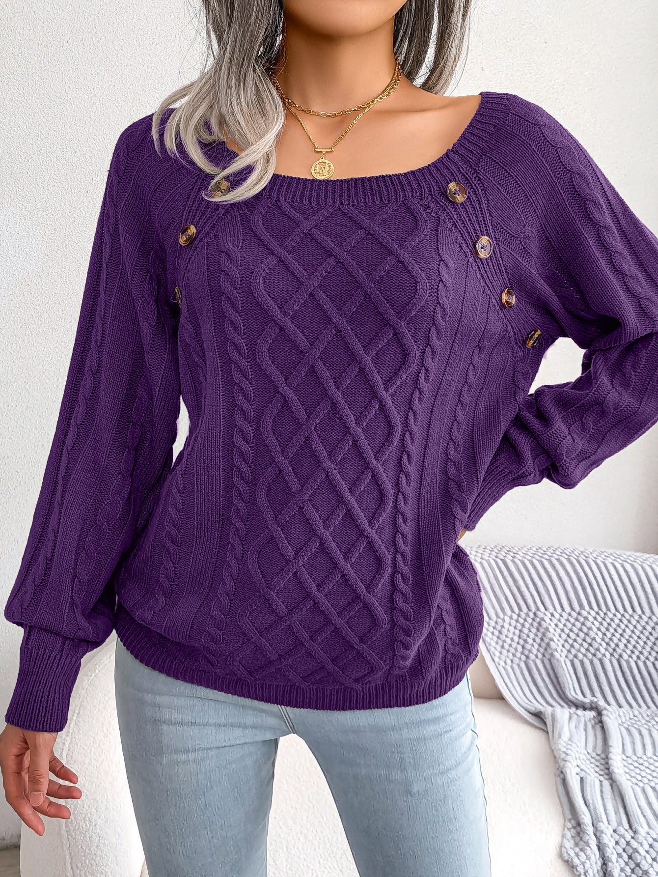 2025 Fall Winter Casual Square Neck Button Detail Cable Knit Sweater