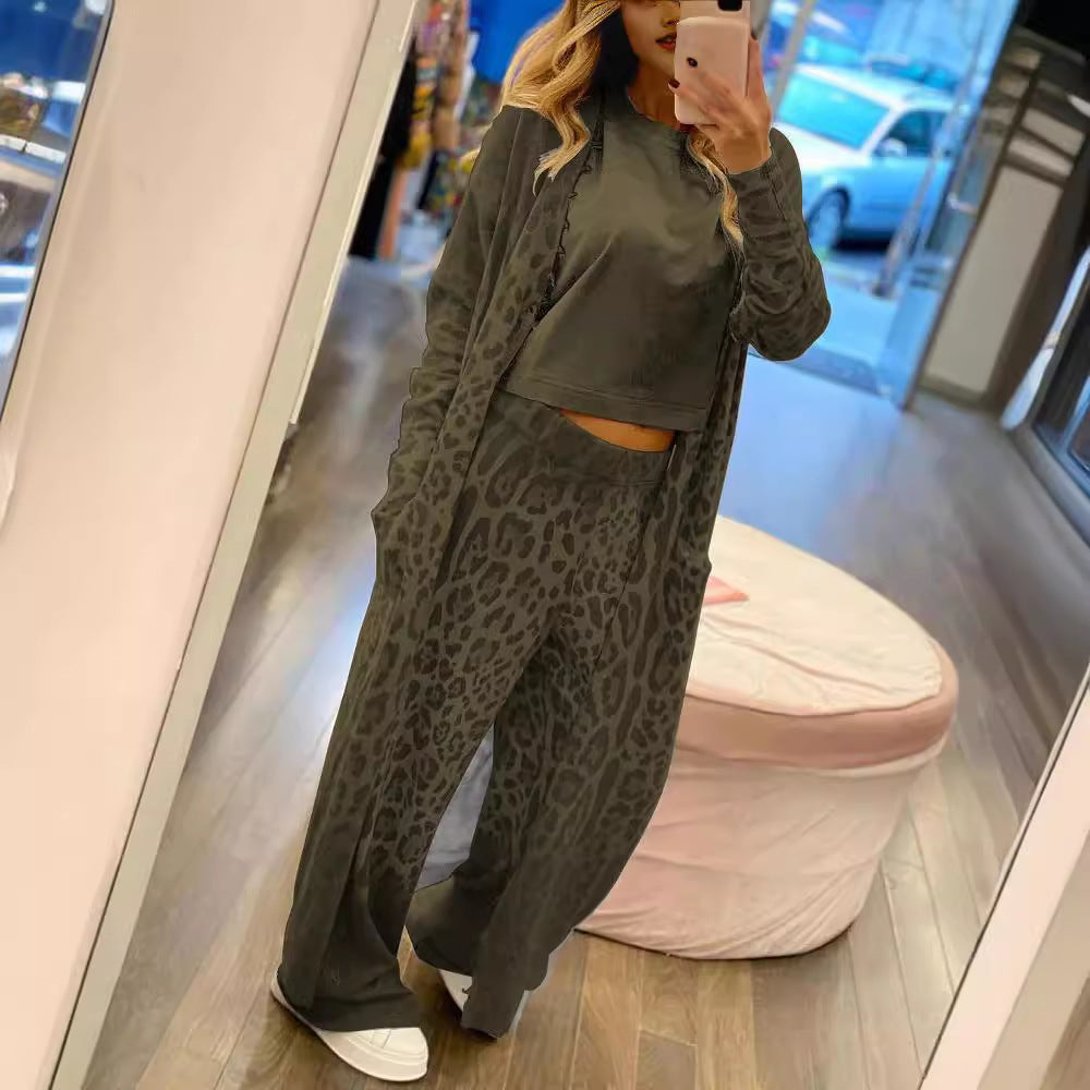 Leopard Print Cardigan Pants Two Piece Set