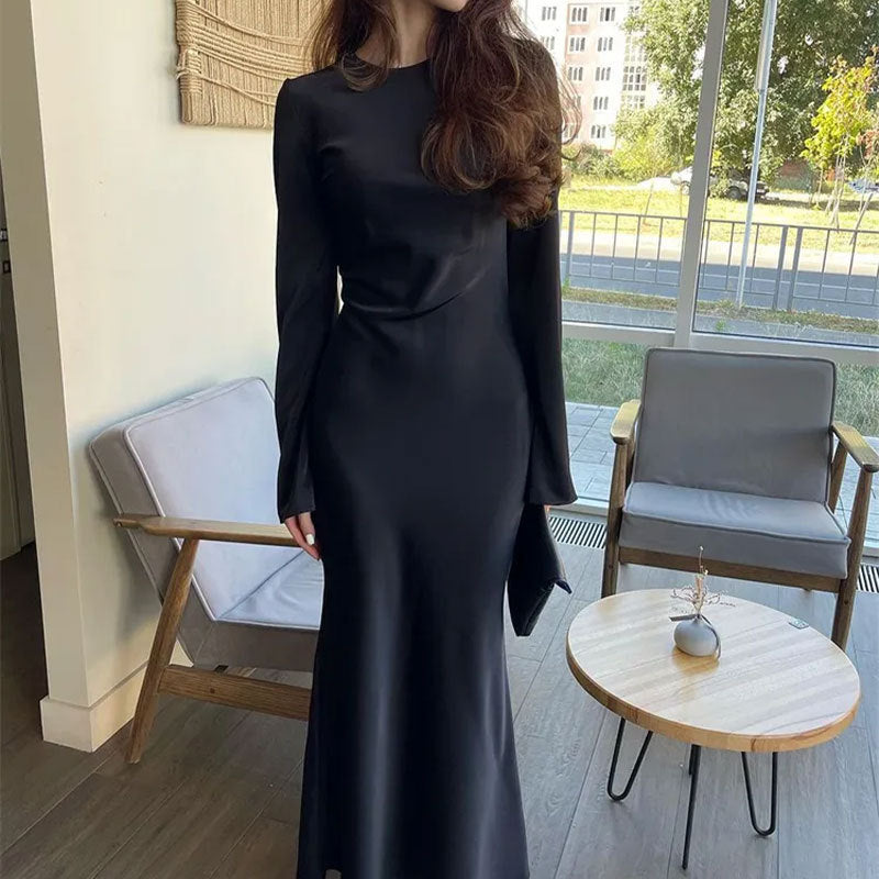 Women's Elegant Long Sleeve Solid Maxi Dress Casual