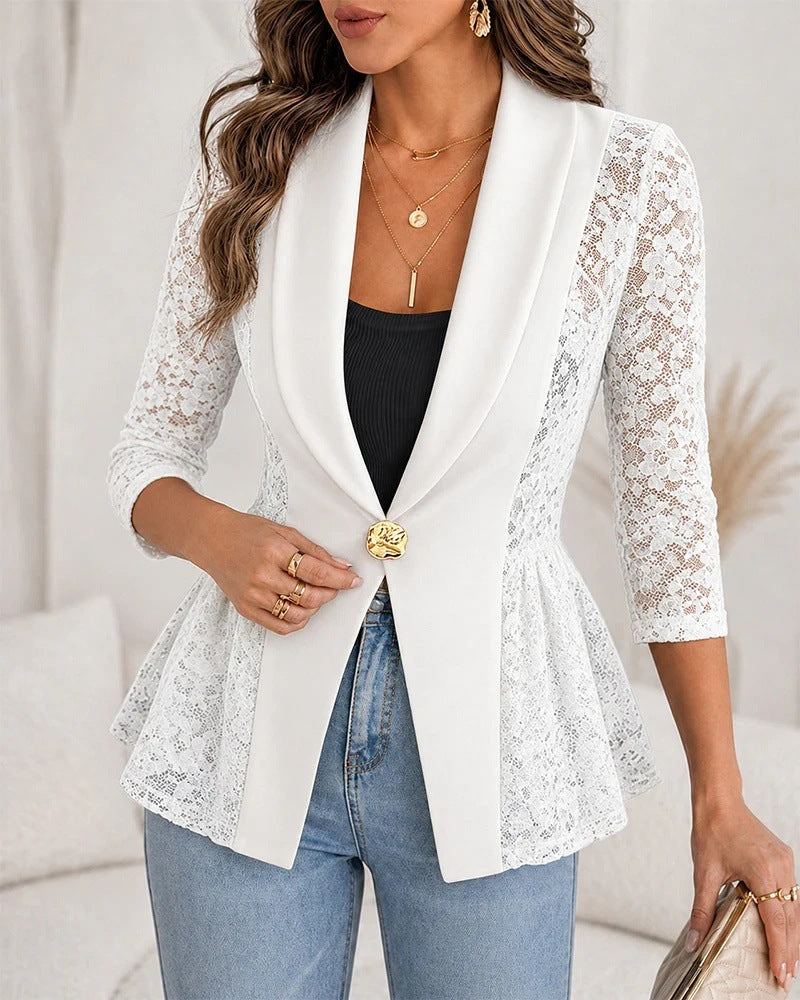 Women's V-Neck Lace Peplum Blazer 3/4 Sleeve Gold Button