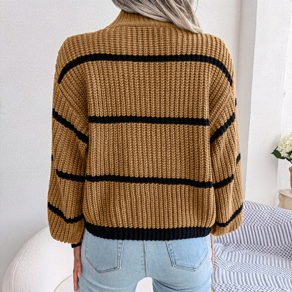 2025 Fall/Winter Casual Striped Lantern Sleeve Knit Sweater