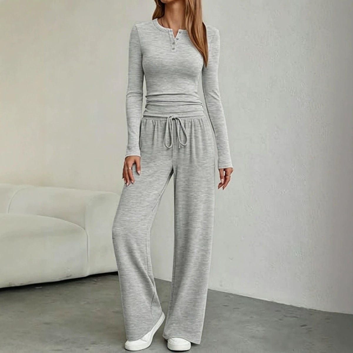 Women's Henley Top Wide Leg Pants Lounge Set