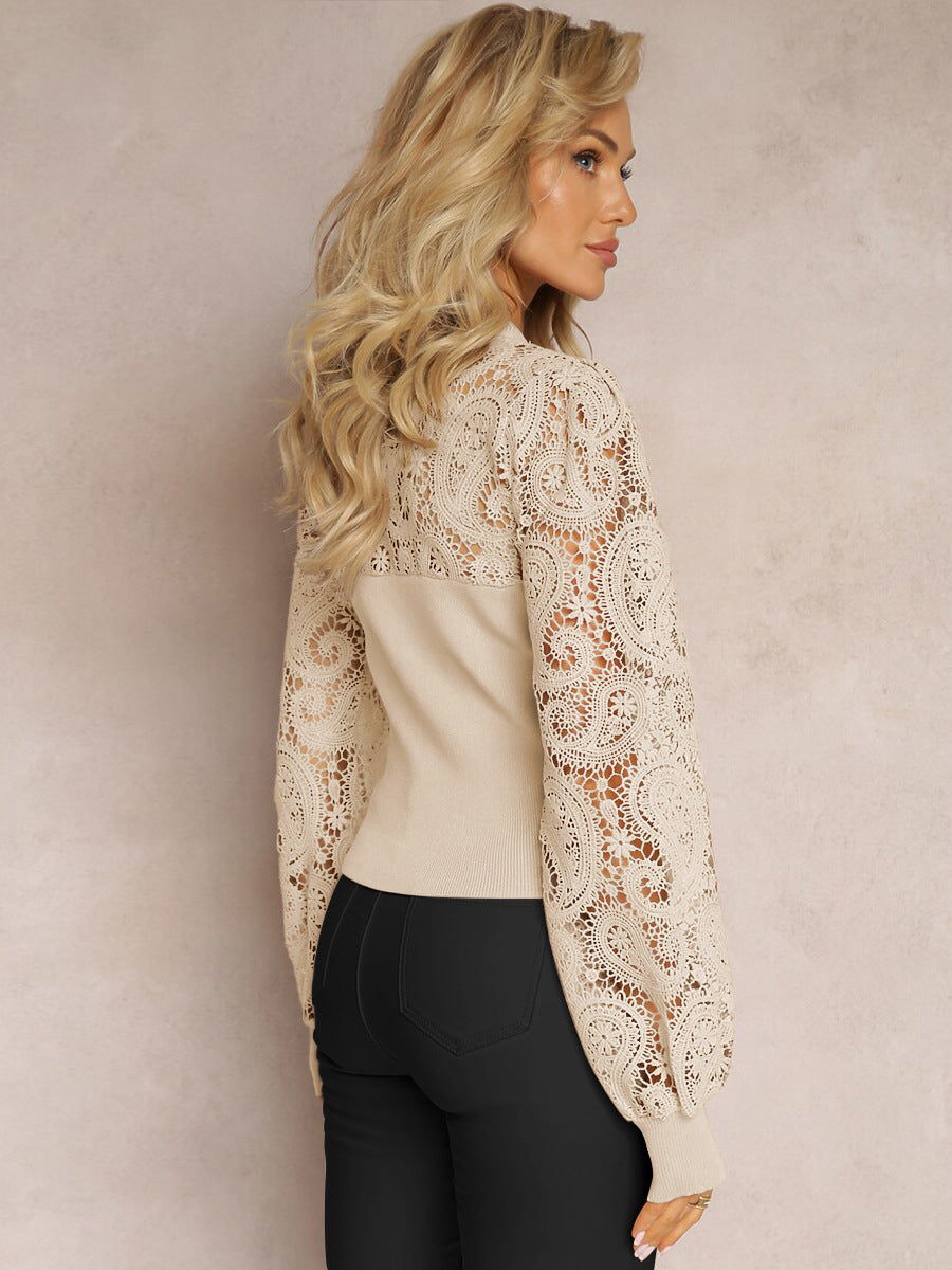 Crochet Lace Panel Crew Neck Long Sleeve Sweater