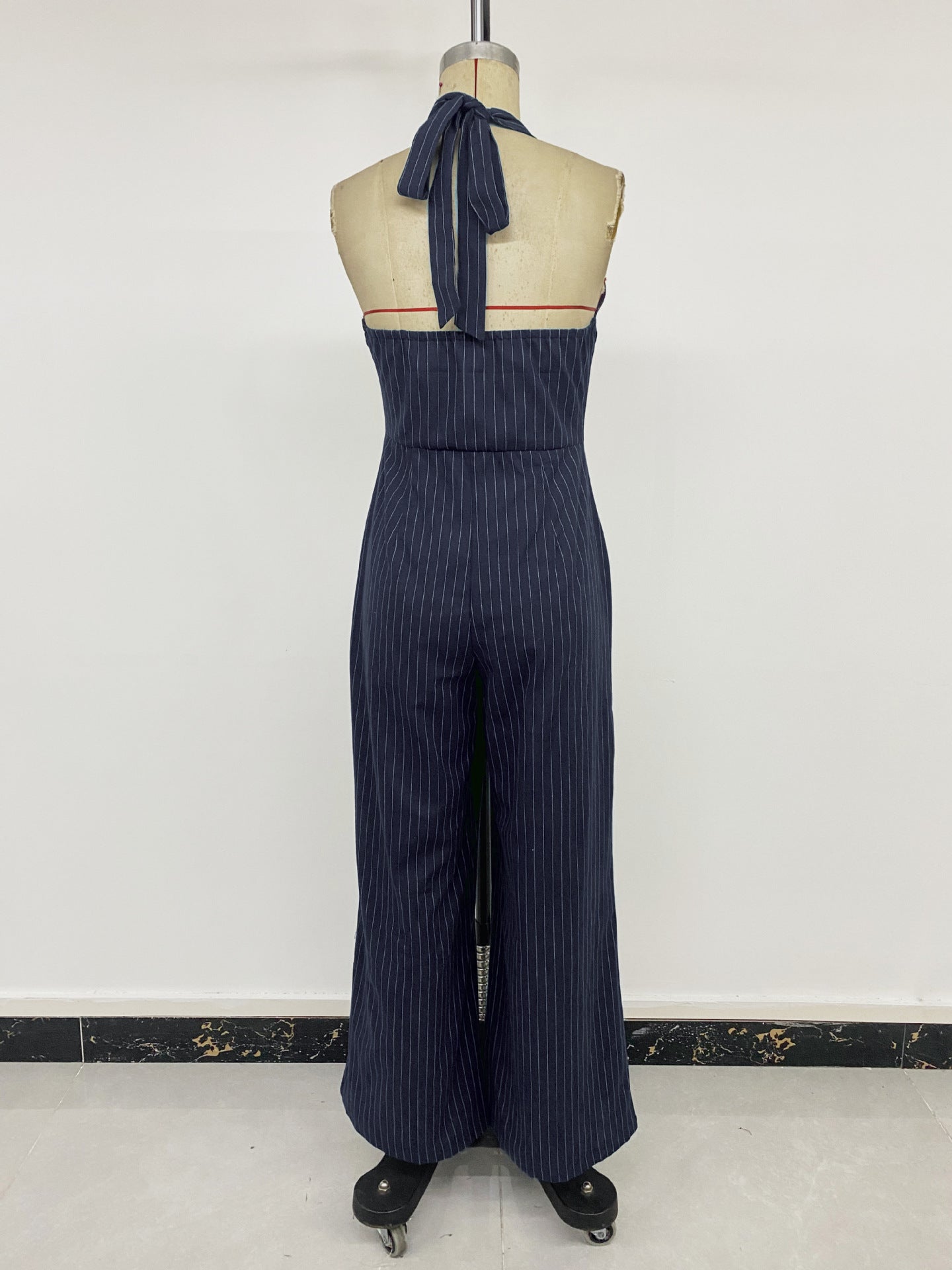Striped Halter Backless Wide Leg Jumpsuit Office Chic