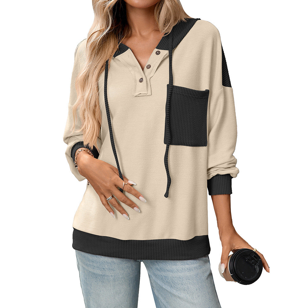 2025 Fall/Winter Colorblock Knit Trim Hoodie – Casual Pullover Sweatshirt
