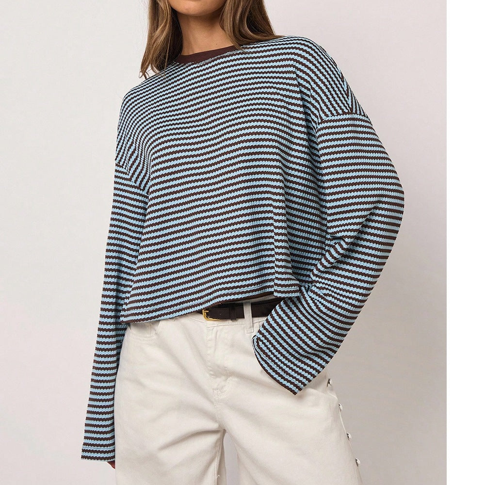Brown Striped Long Sleeve Knit Top Oversized Casual Tee