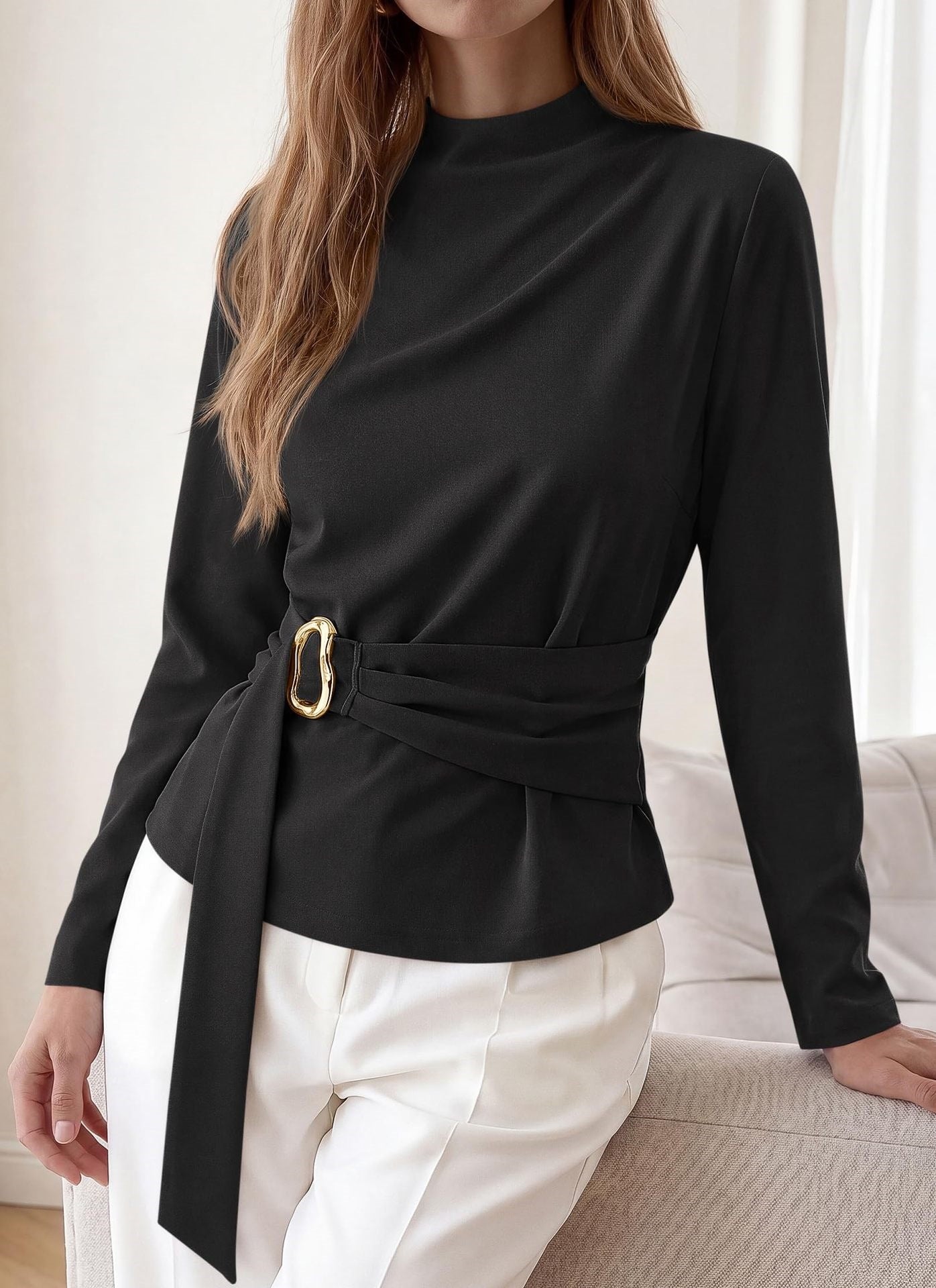 Burgundy Belted Mock Neck Slim Fit Long Sleeve Top