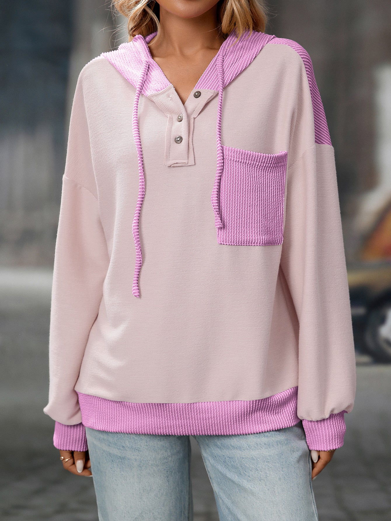 2025 Fall/Winter Colorblock Knit Trim Hoodie – Casual Pullover Sweatshirt