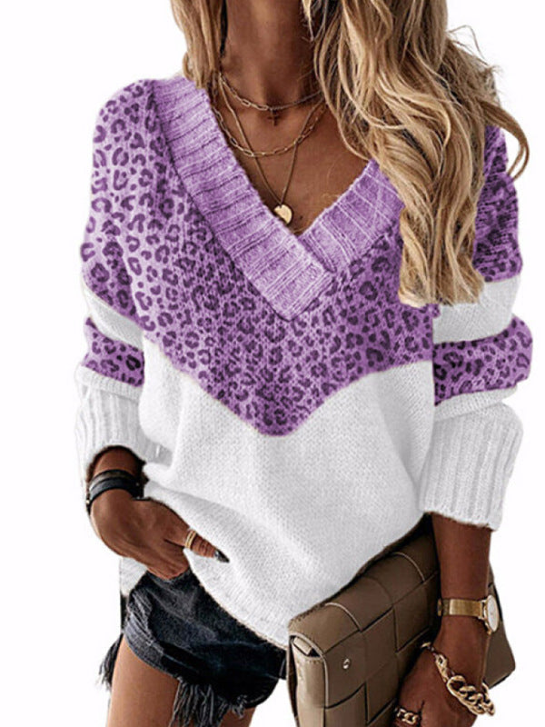 Women's Leopard Print Color Block V-Neck Sweater Oversized