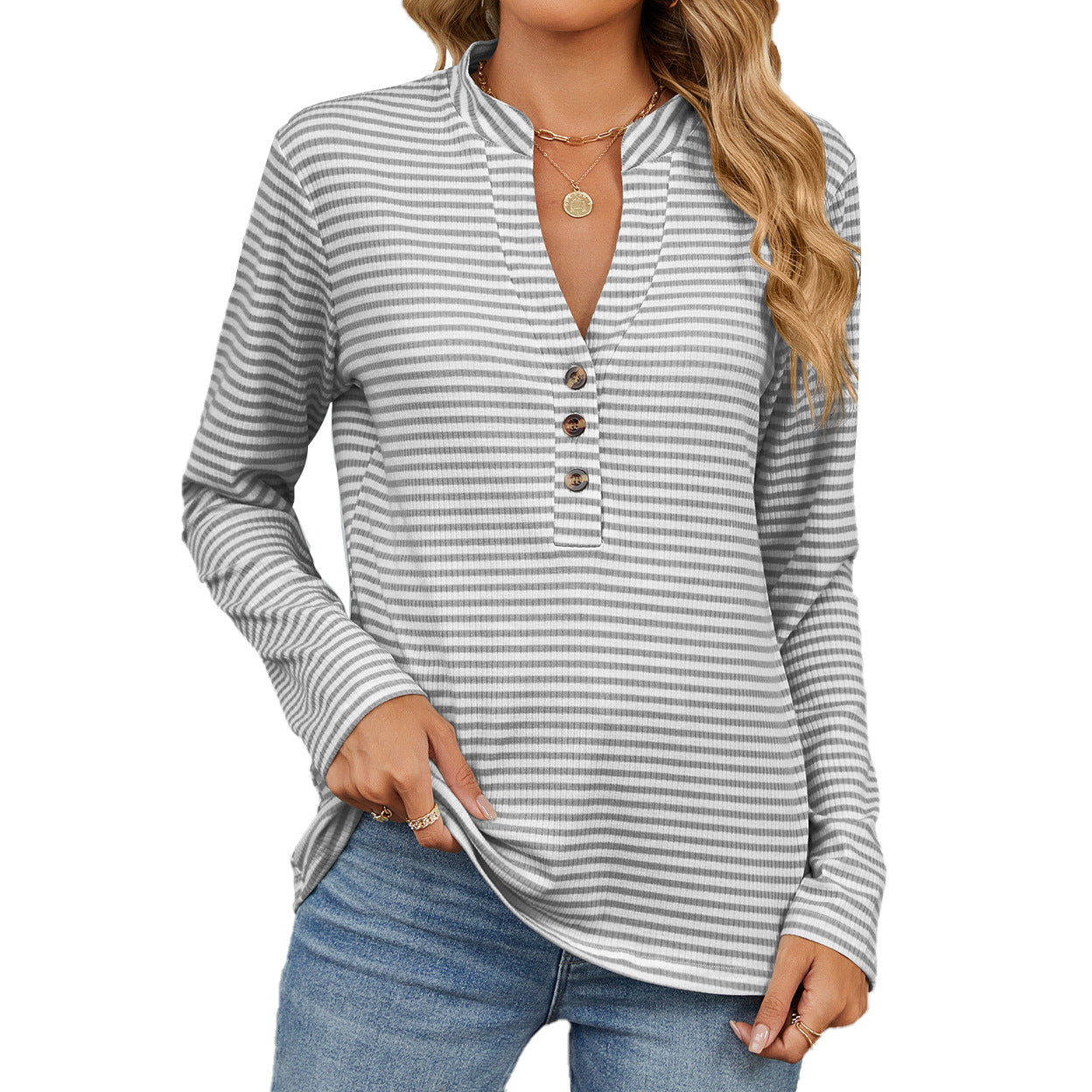 Women Striped Henley V Neck Long Sleeve Oversized Tunic Top