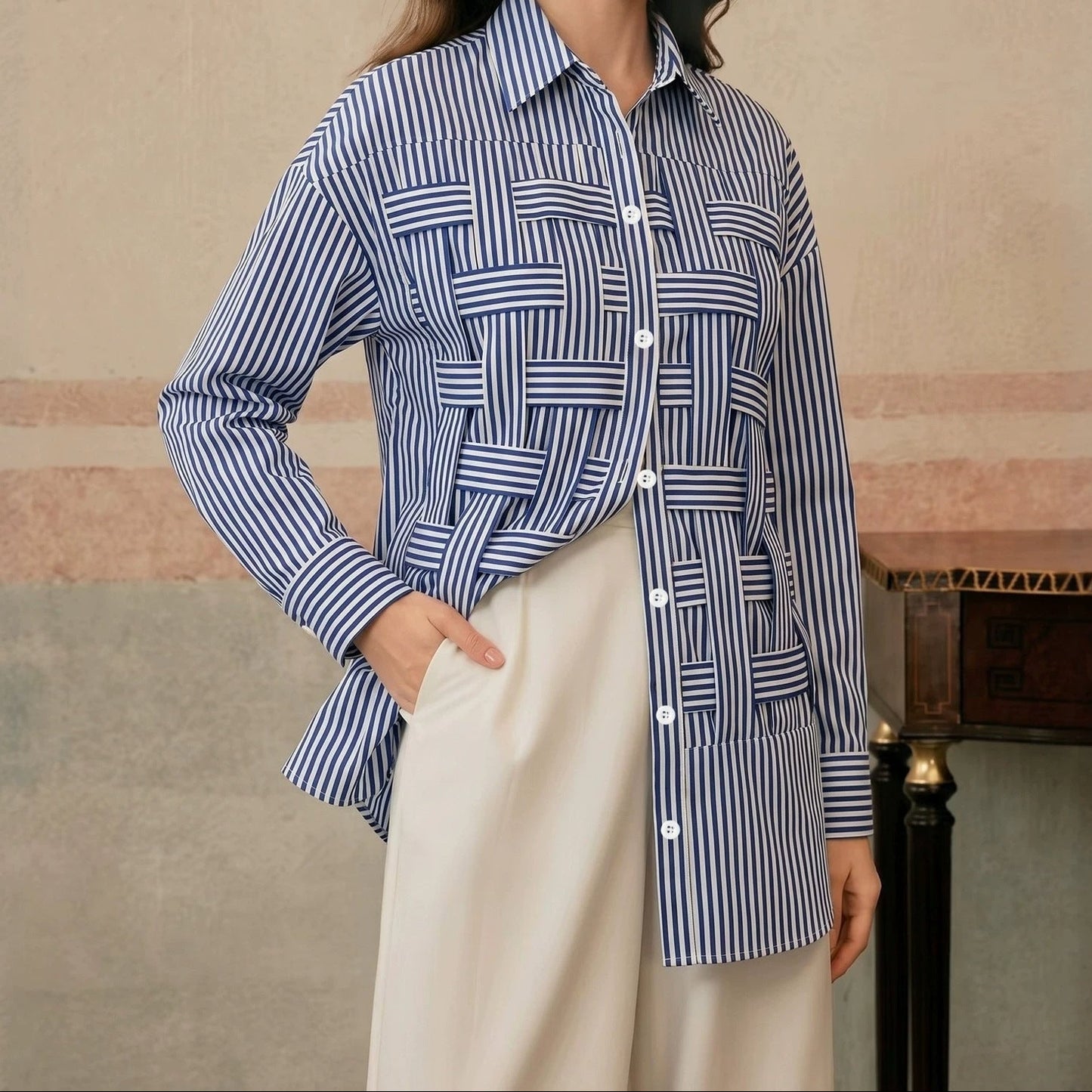 Women's Striped Woven Patchwork Oversized Shirt