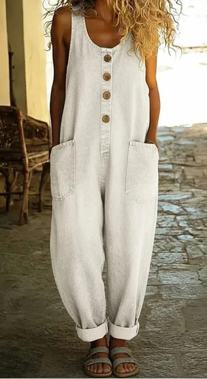 Women's Vintage Wash Denim Overalls Sleeveless Wide Leg
