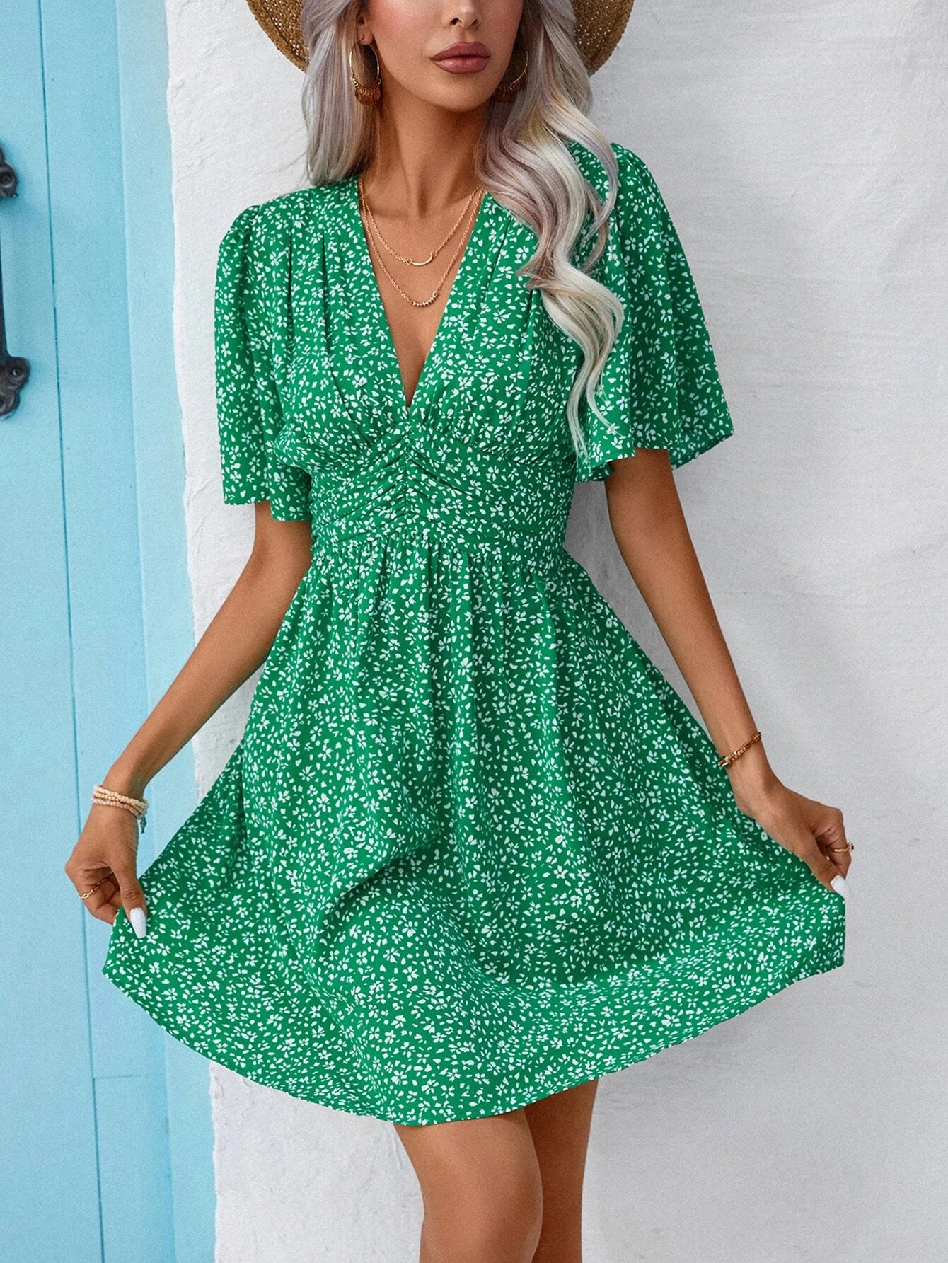 Green Floral V-Neck Flowy Mini Dress with Short Sleeves