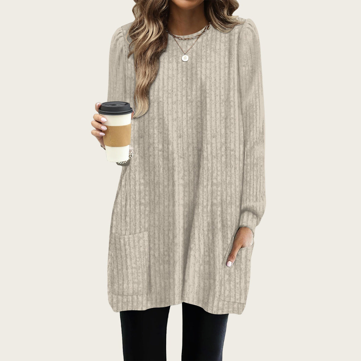 Women's Oversized Long Bubble Sleeve Tunic Top with Pockets