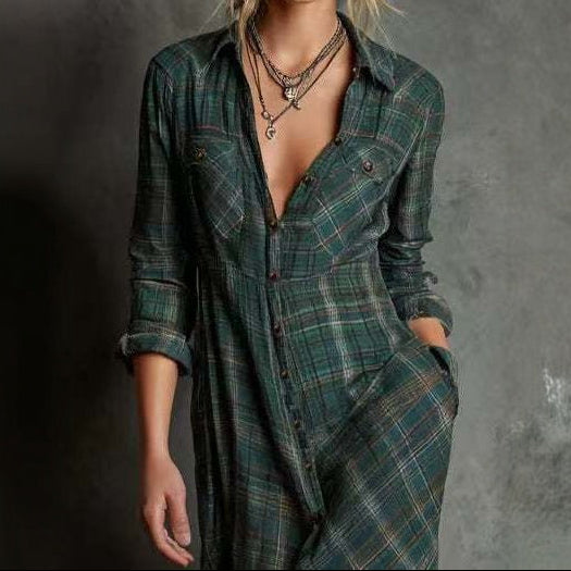 Boho Plaid Maxi Shirt Dress Long Sleeve Button Down
