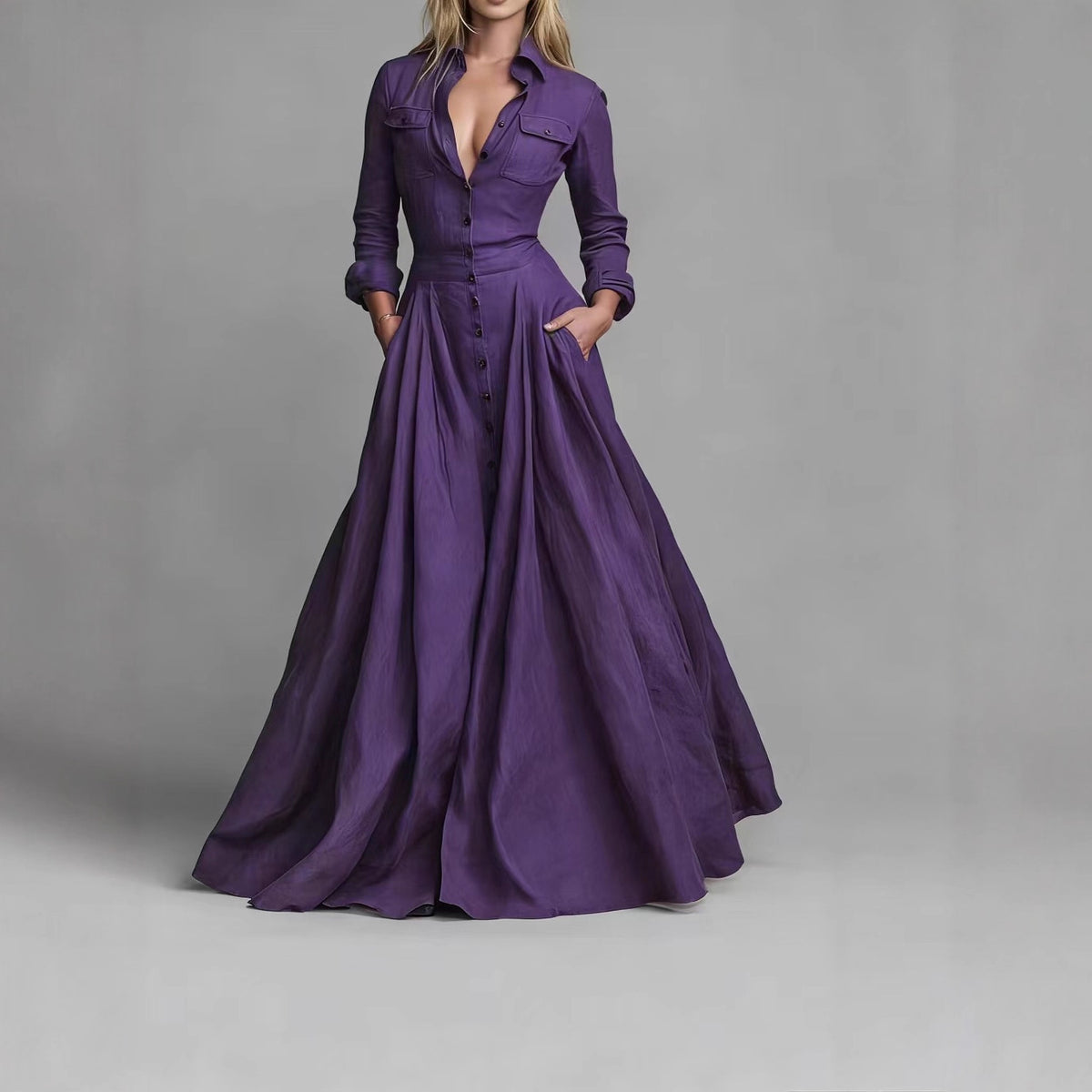 Women's Long Sleeve Collared Maxi Dress A-Line with Pockets