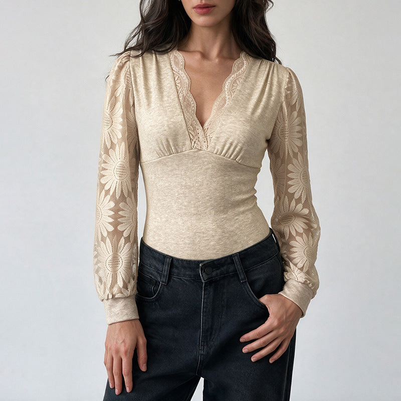 Womens Lace V Neck Bodysuit Long Sleeve Soft Knit Top