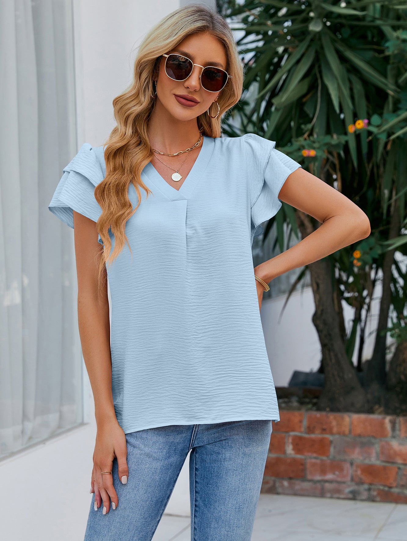 Women’s Short Sleeve Ruffle V Neck Summer Top