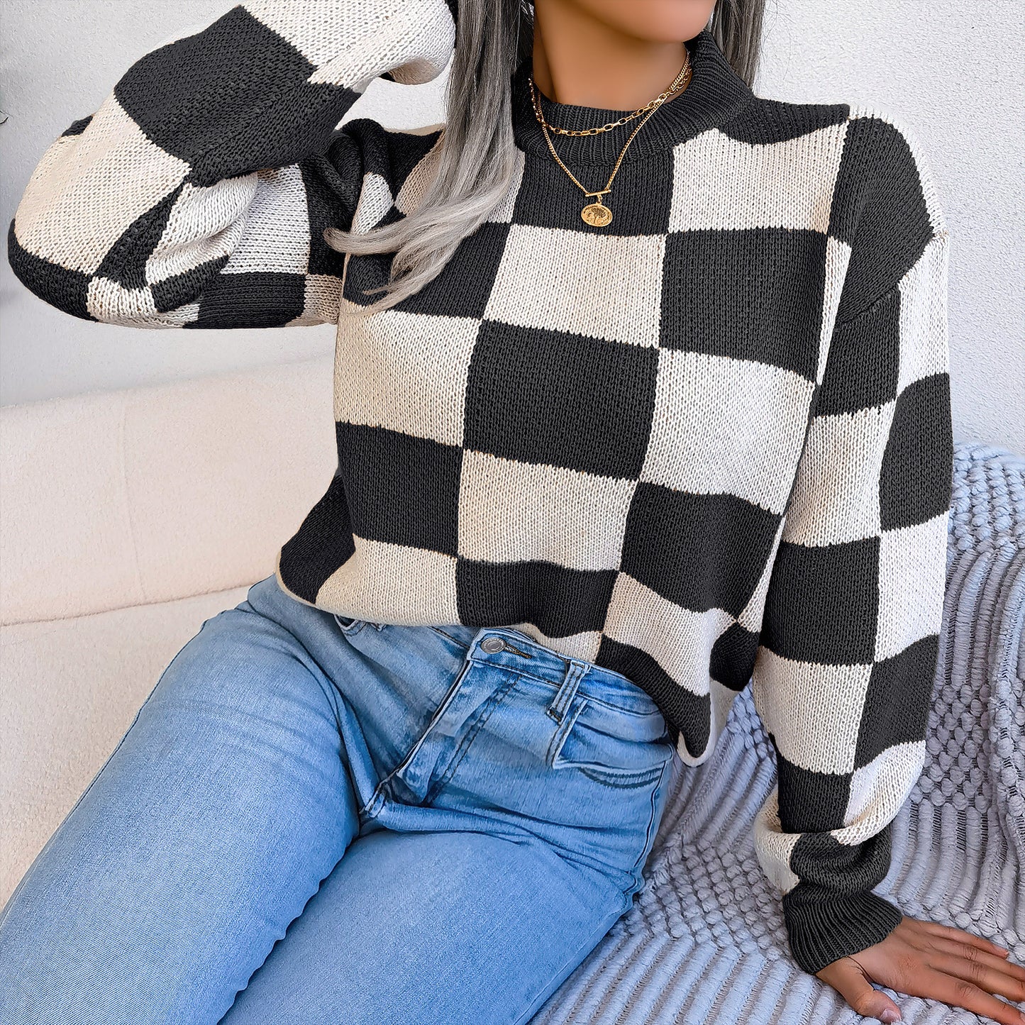 2025 Fall/Winter Colorblock Checkered Knit Sweater - Street Style