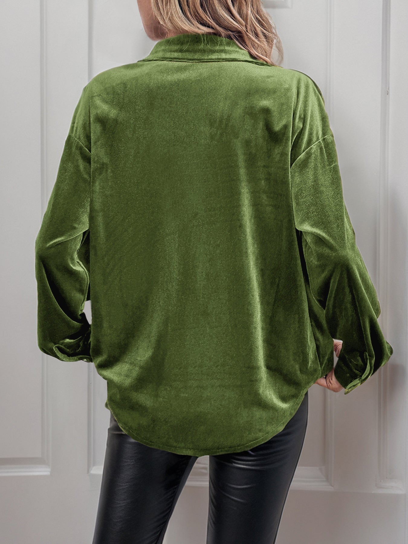 Solid Velvet Button-Up Lantern Sleeve Collared Blouse