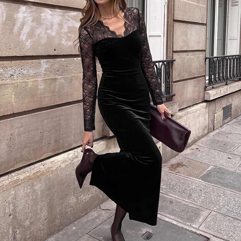 Velvet Lace Maxi Dress Long Sleeve V-Neck Bodycon