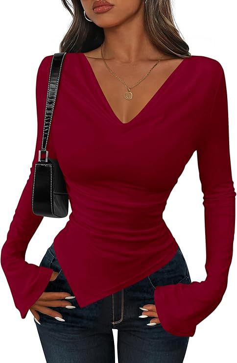 Women's Cowl Neck Long Sleeve Asymmetric Fitted Top
