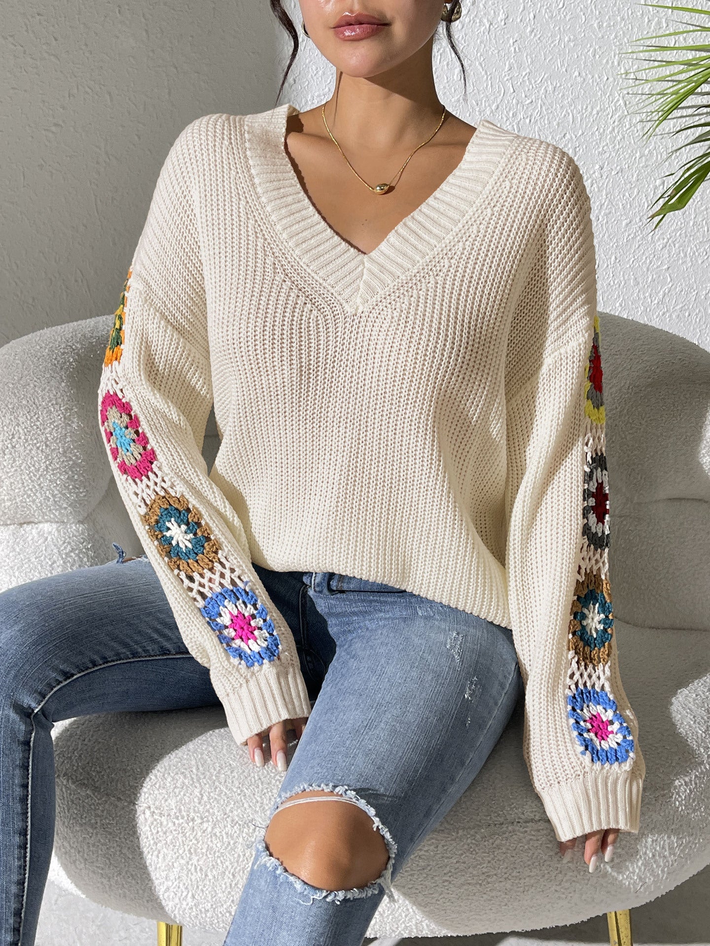 Fall/Winter Casual Loose V-Neck Crochet Floral Sweater