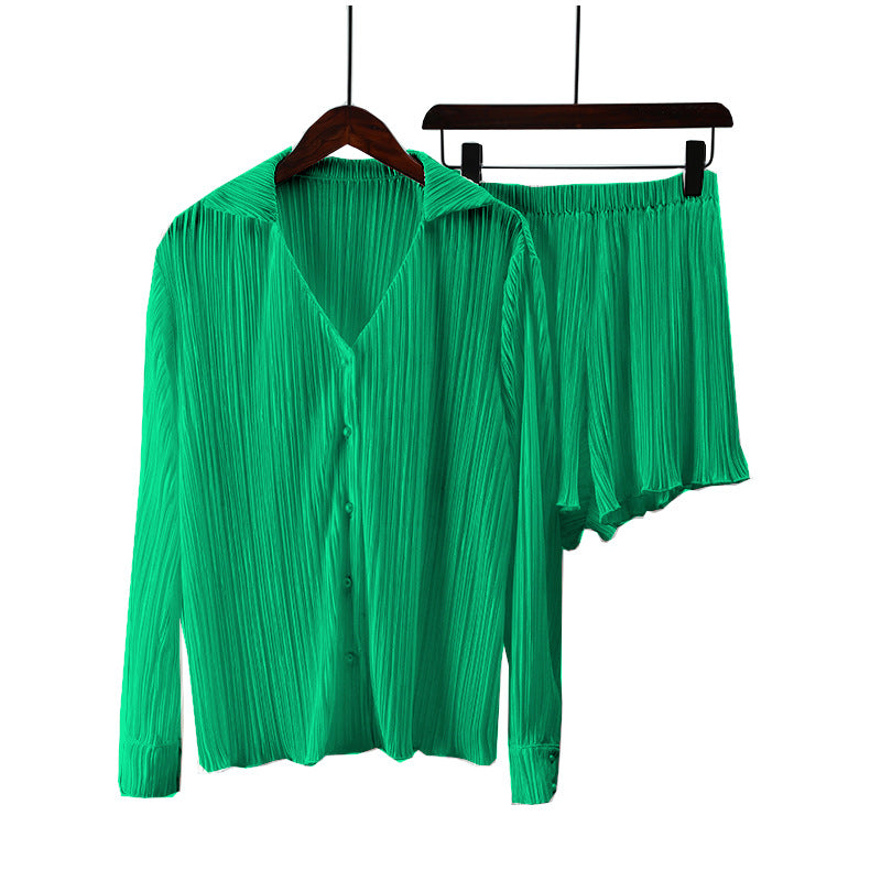Pleated Long Sleeve Shirt & Shorts Two Piece Set