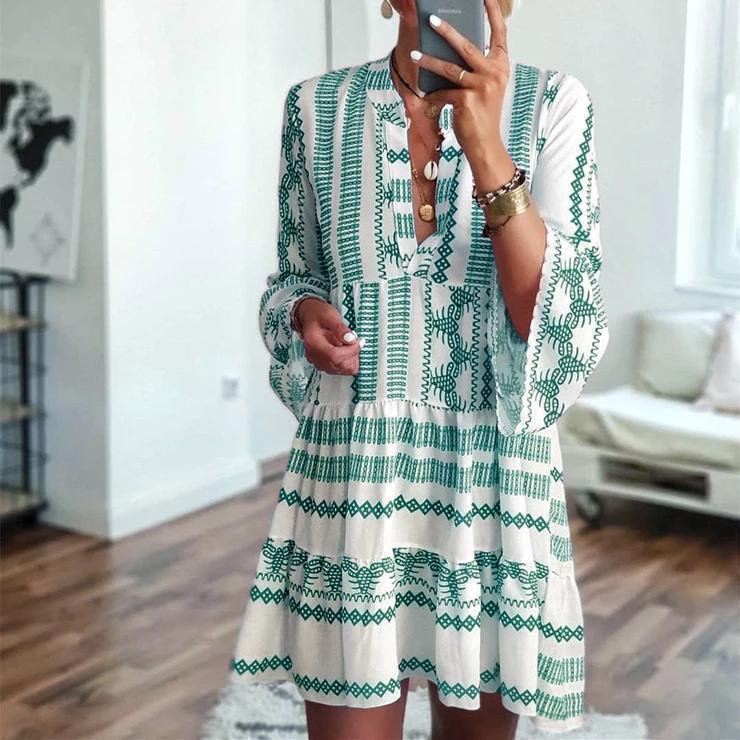 Boho Geometric V-Neck Flare Sleeve Mini Dress