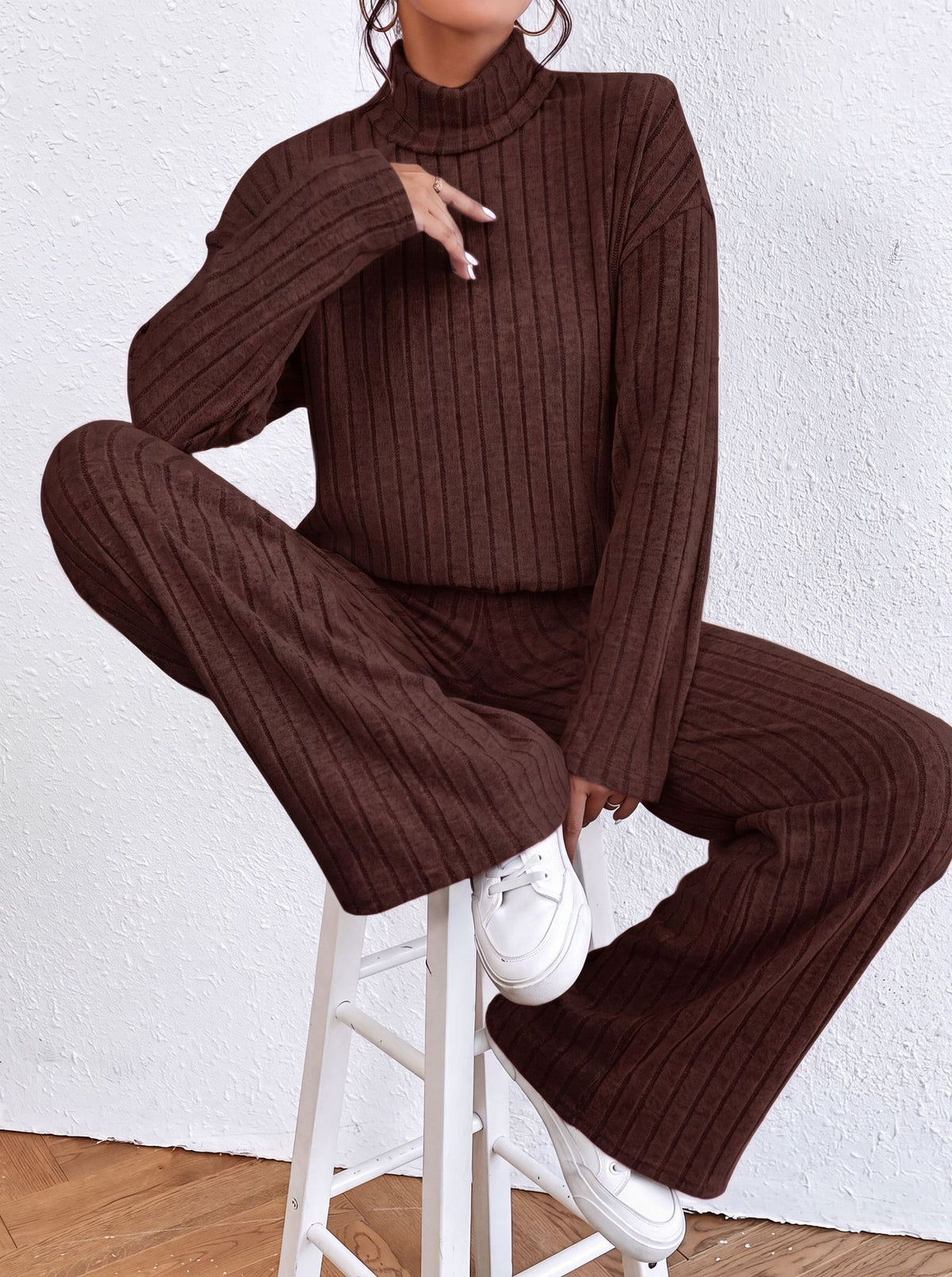 Ribbed Knit Turtleneck Sweater & Straight Pants Set