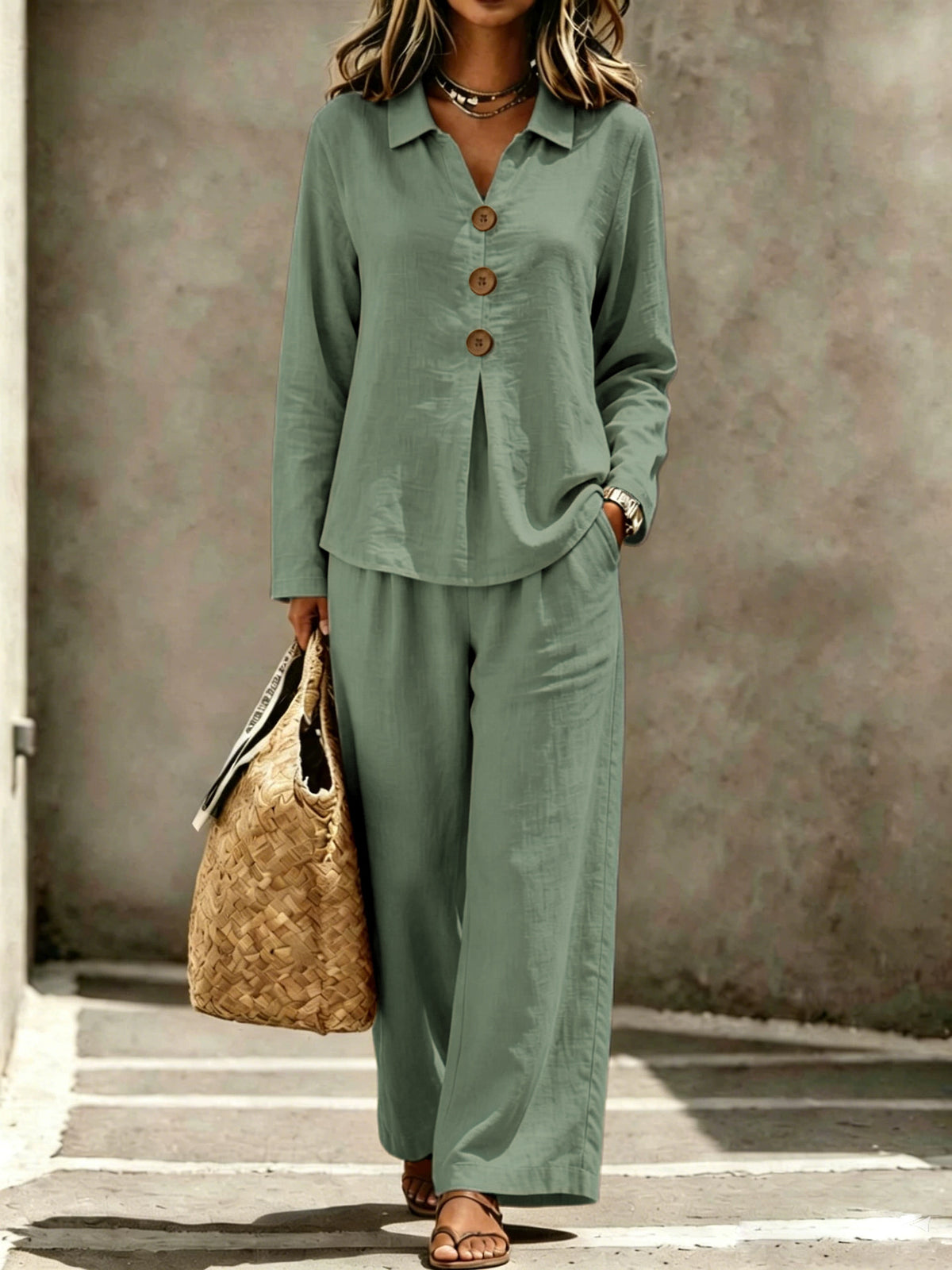 Womens Linen Button Shirt Wide Leg Pants Two Piece Set