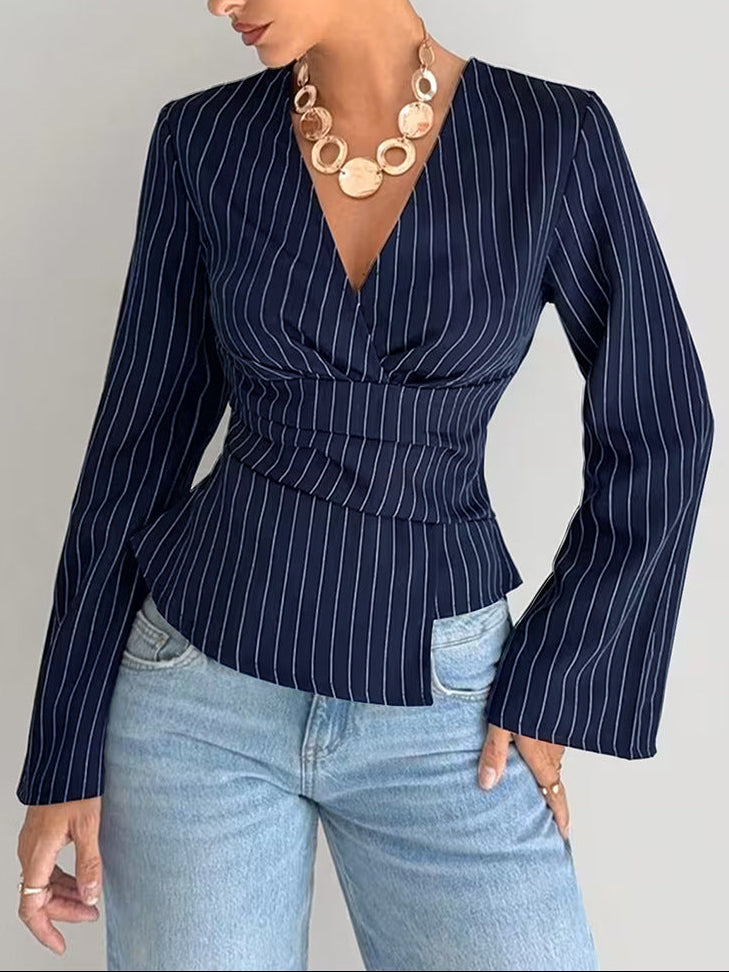 Striped V-Neck Long Sleeve Cinched Waist Blouse