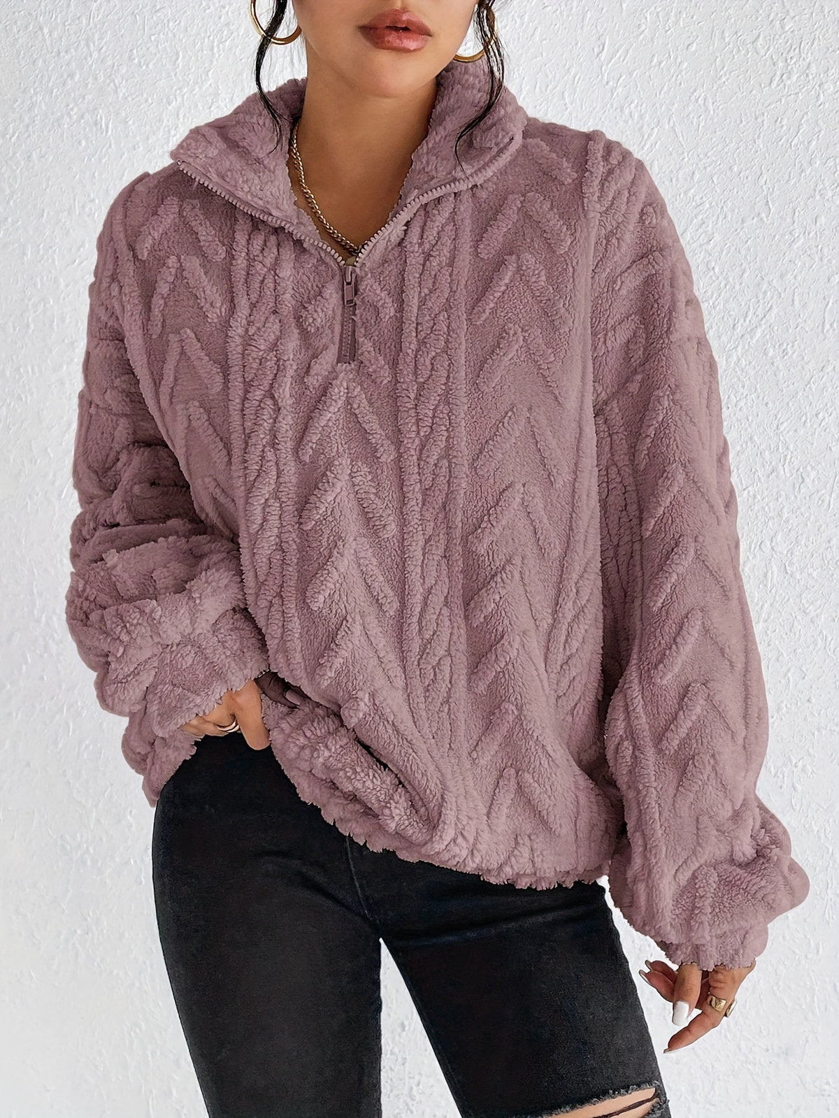 Women's Sherpa Jacquard Quarter Zip Pullover Sweatshirt