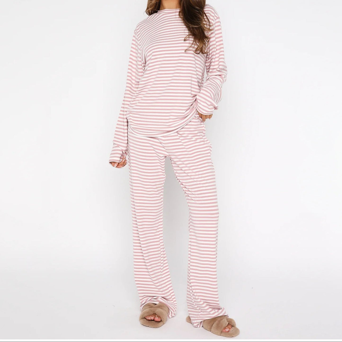 Womens Striped Pajama Set Long Sleeve Soft Lounge Pants