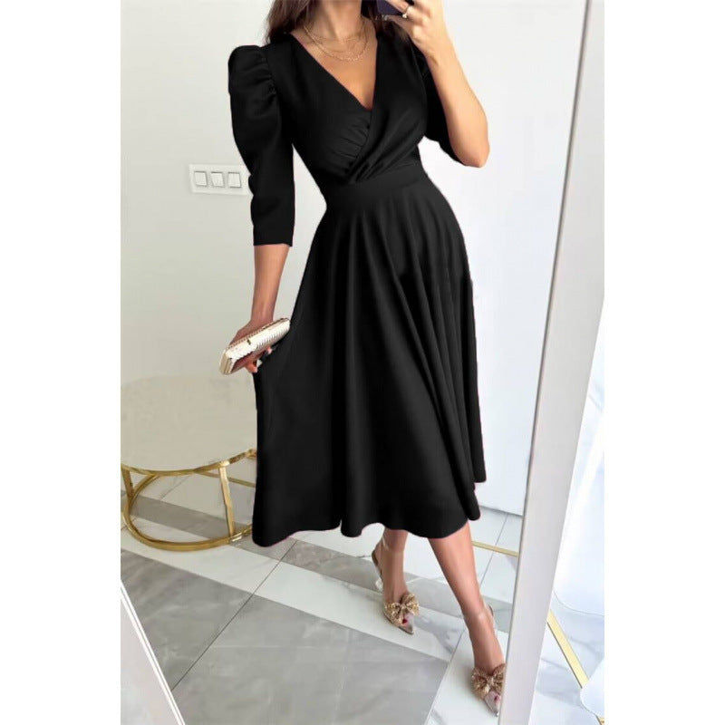 Women's V-Neck Puff Sleeve Ruched A-Line Midi Dress