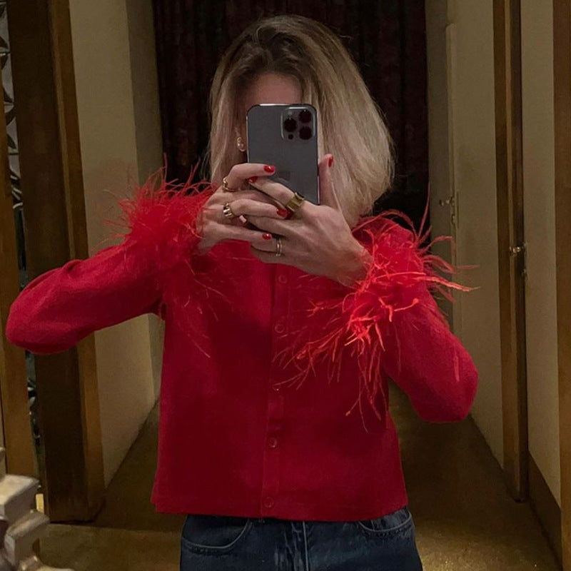Women's Feather Cuff Button Front Cardigan Sweater