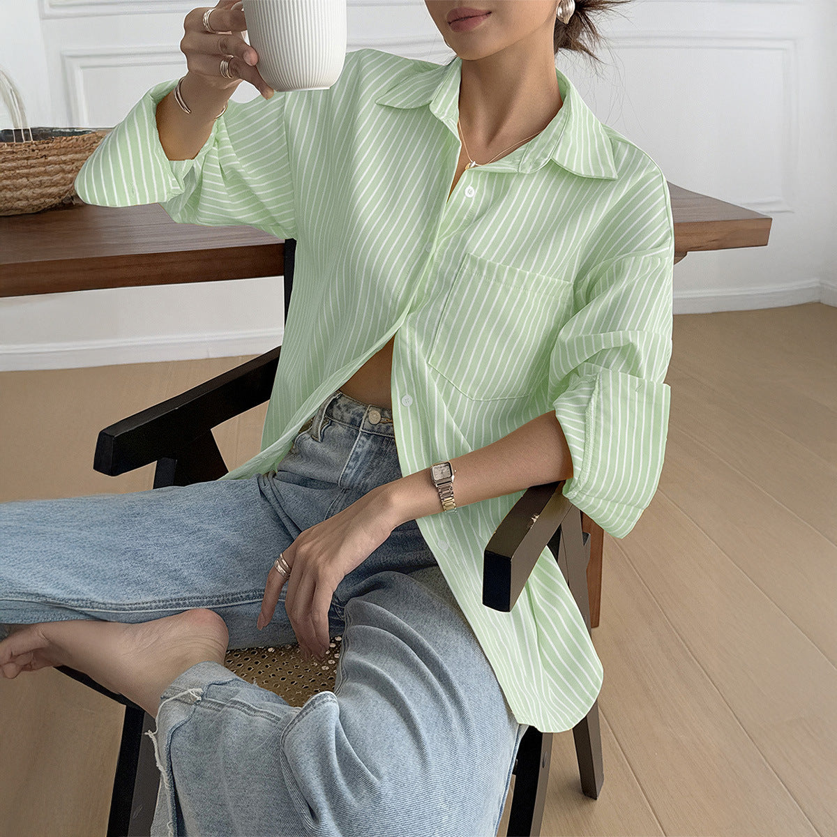 Oversized Striped Long Sleeve Button Down Shirt Women