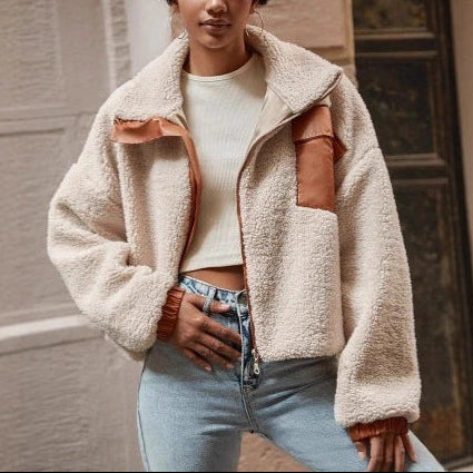 Women's Sherpa Fleece Cropped Jacket Zip Faux Leather Trim