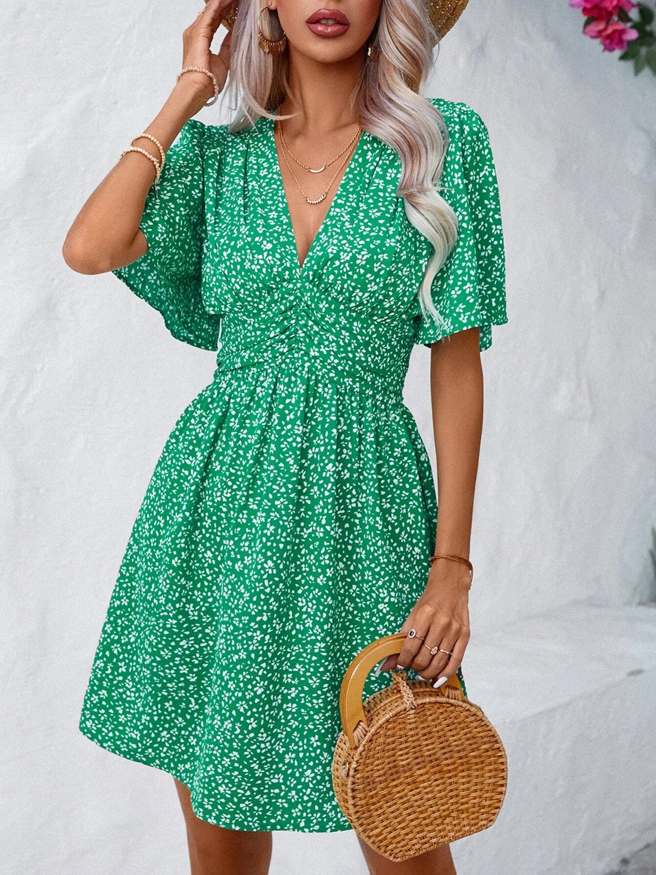 Green Floral V-Neck Flowy Mini Dress with Short Sleeves