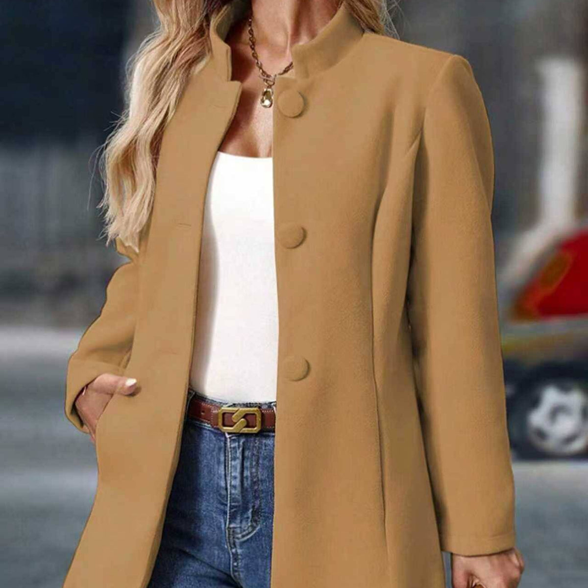 Women's Wool Coat Stand Collar Button Front Long Winter