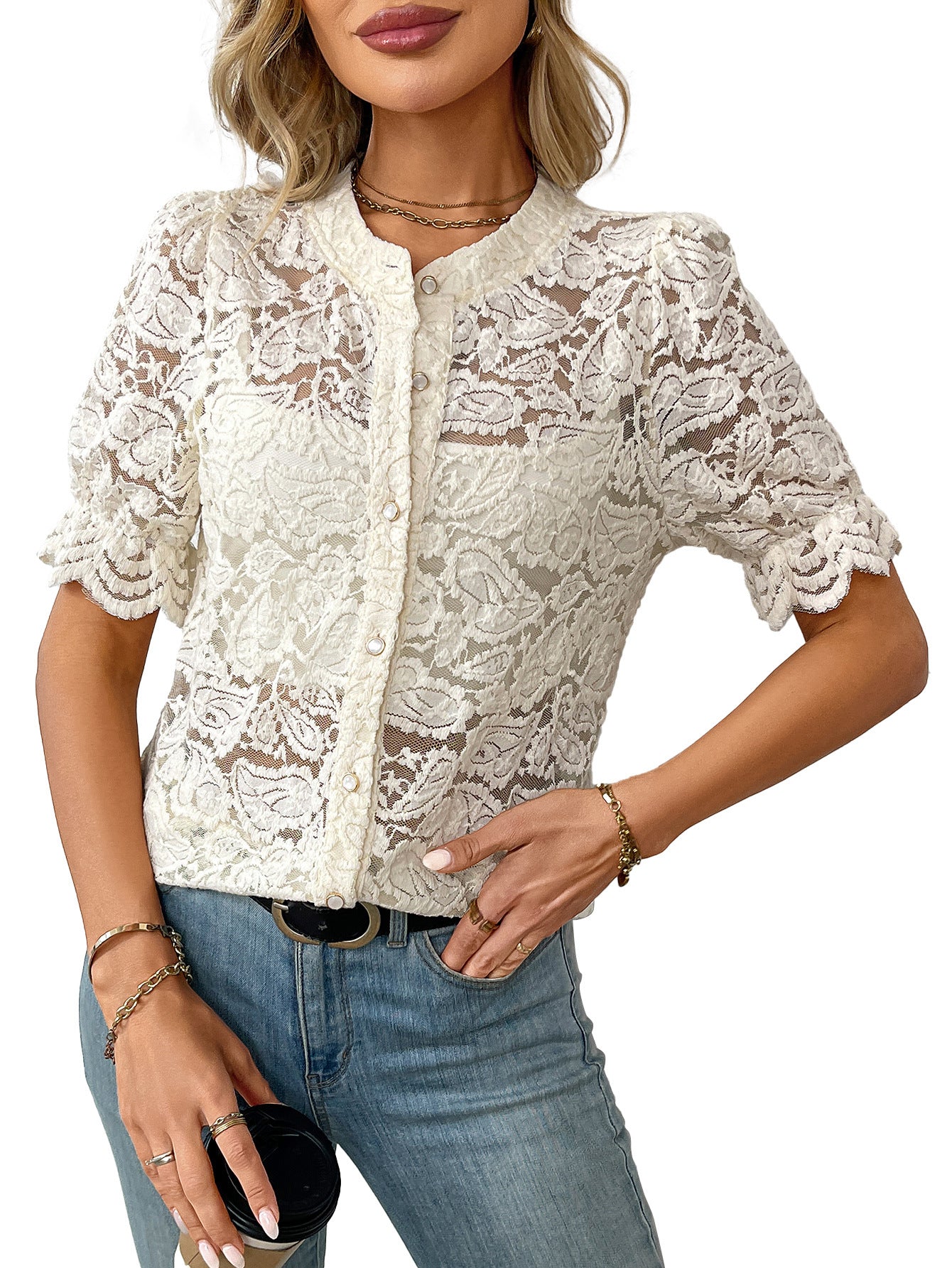 Women's Floral Lace Short Sleeve Button Up Blouse