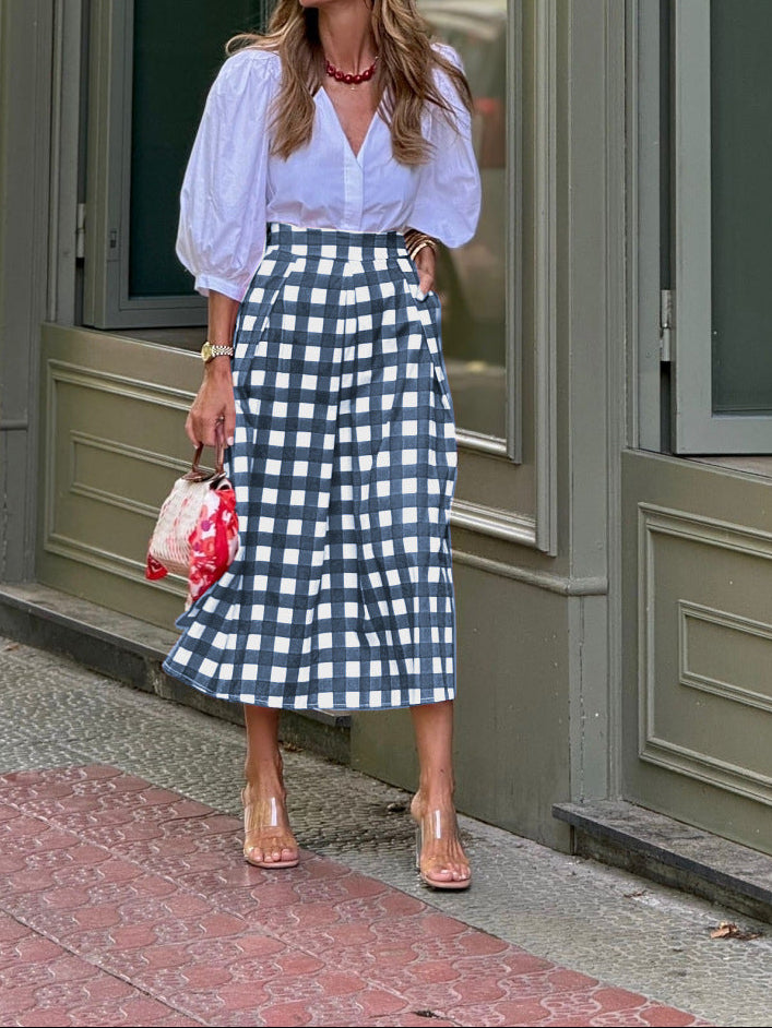 Gingham High Waisted A-Line Pleated Midi Skirt