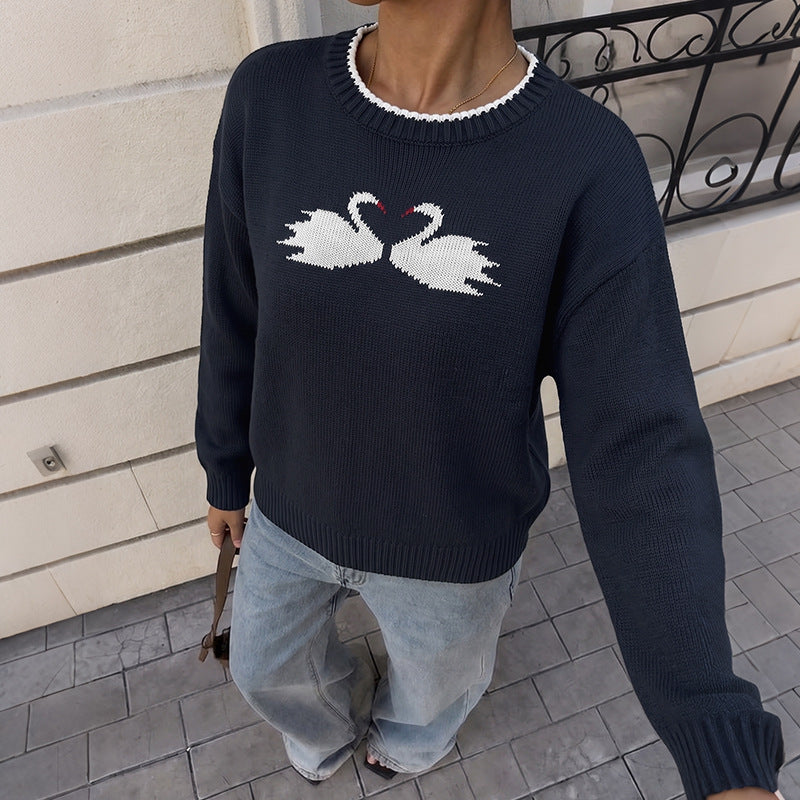 Women's Oversized Swan Crew Neck Knit Sweater