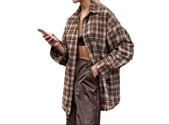 Women Oversized Brown Plaid Shirt Jacket Long Sleeve
