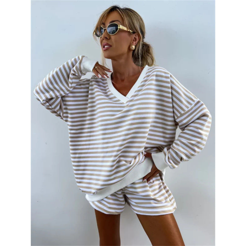 Striped V Neck Shorts Set Resort Lounge Two Piece