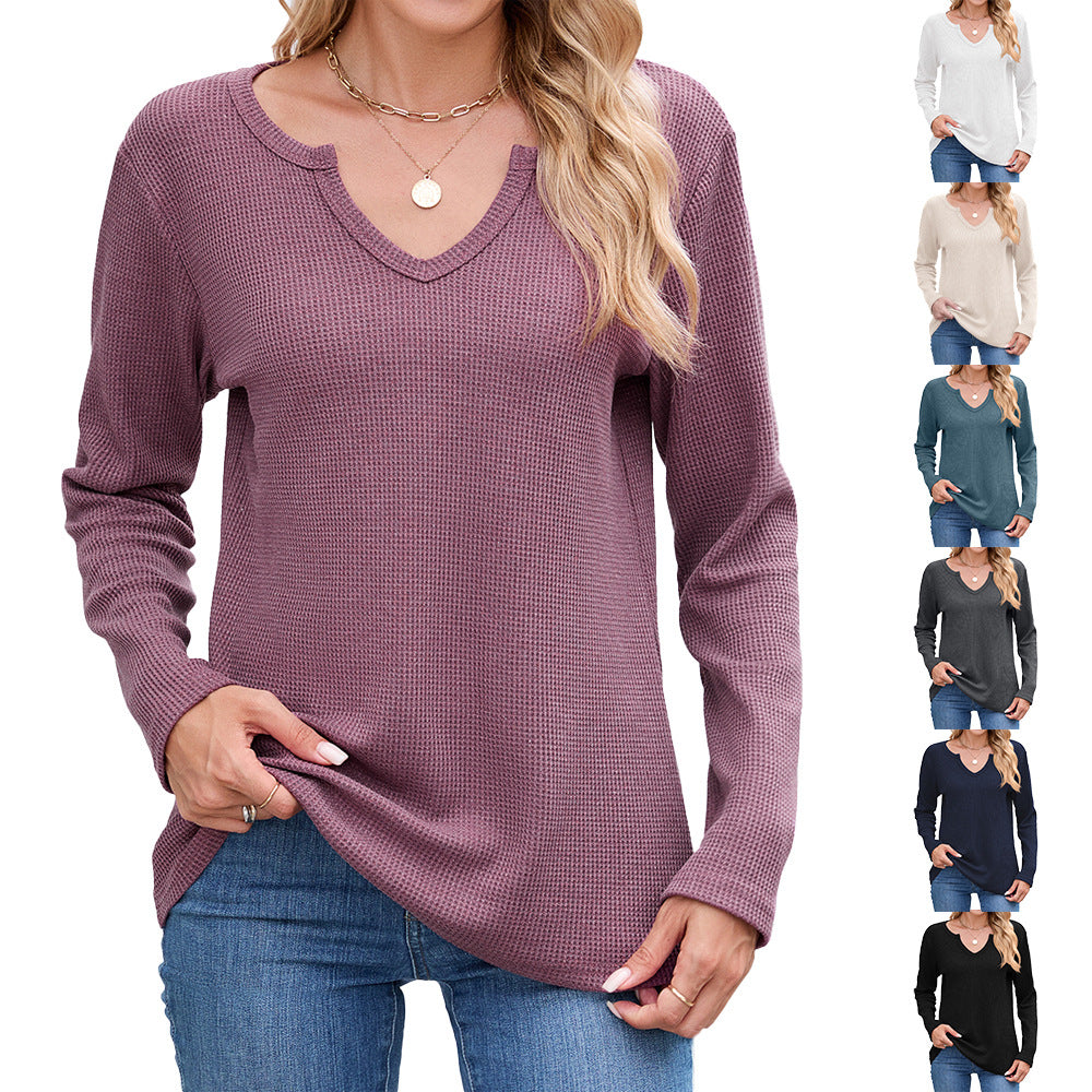 Women's Waffle Knit V-Neck Long Sleeve Loose Fit Top