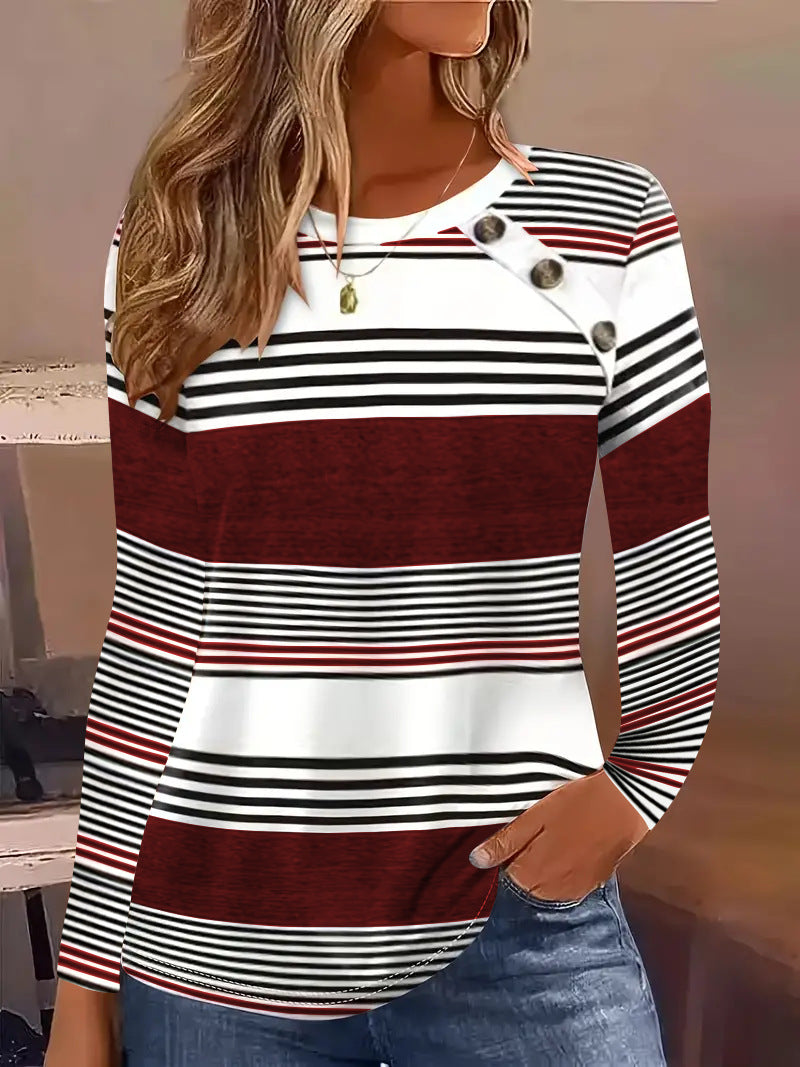 Women's Striped Color Block Button Long Sleeve Tunic Top